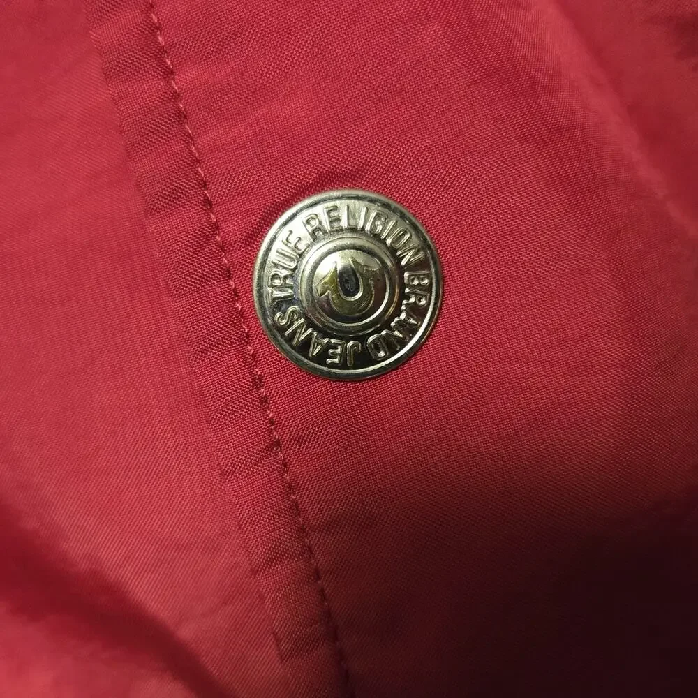 True Religion Bomber Snap Button Varsity Jacket Black Red Size Medium EUC - Picture 5 of 11